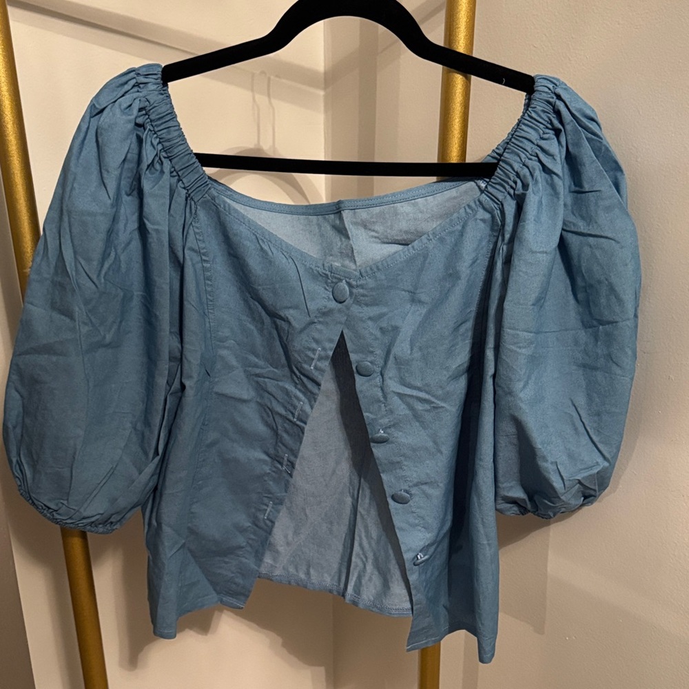 Amazon Blue Button Down Puff Sleeve Top